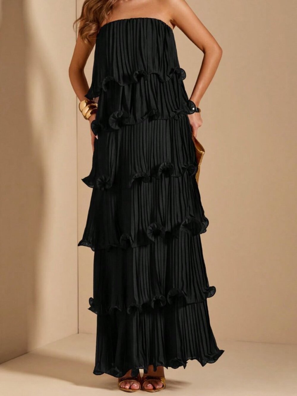 Black Elegant Women's Strapless Tiered Cake Dress - Picture 7 of 7